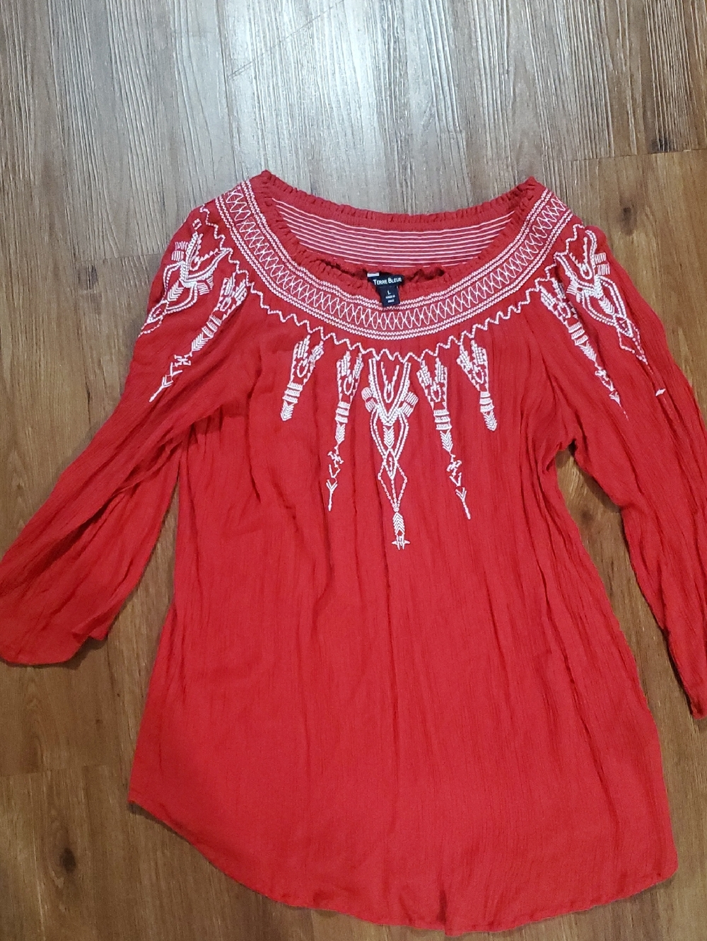 Tribal-Inspired Red Embroidered Off-Shoulder Tunic